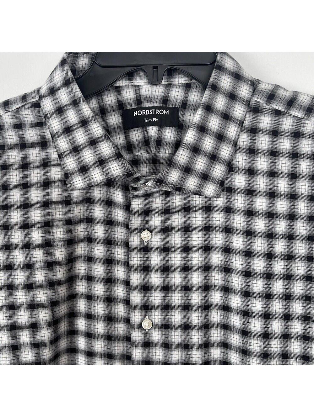 New Nordstrom Plaid Trim Fit Button Up Shirt 18 Cotton Cashmere Black White